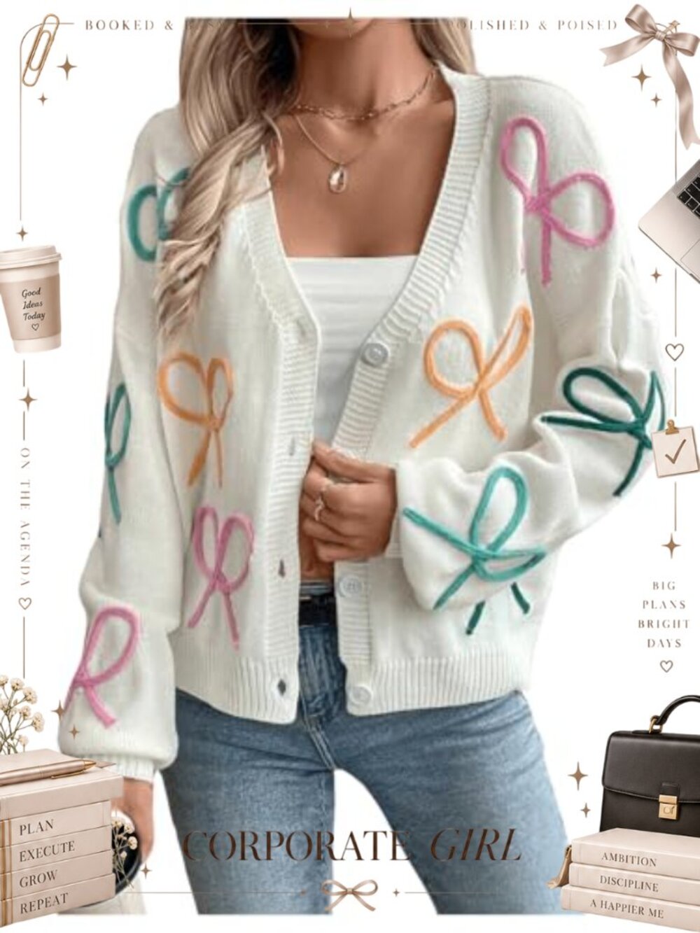 Cable Knit Button Down Cardigan Bow Embroidery Chunky Oversized